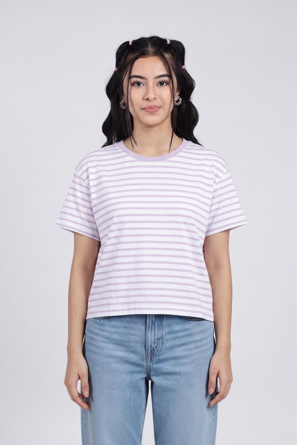 Lilac Striped Regular Fit T-Shirt for Women - Image 2