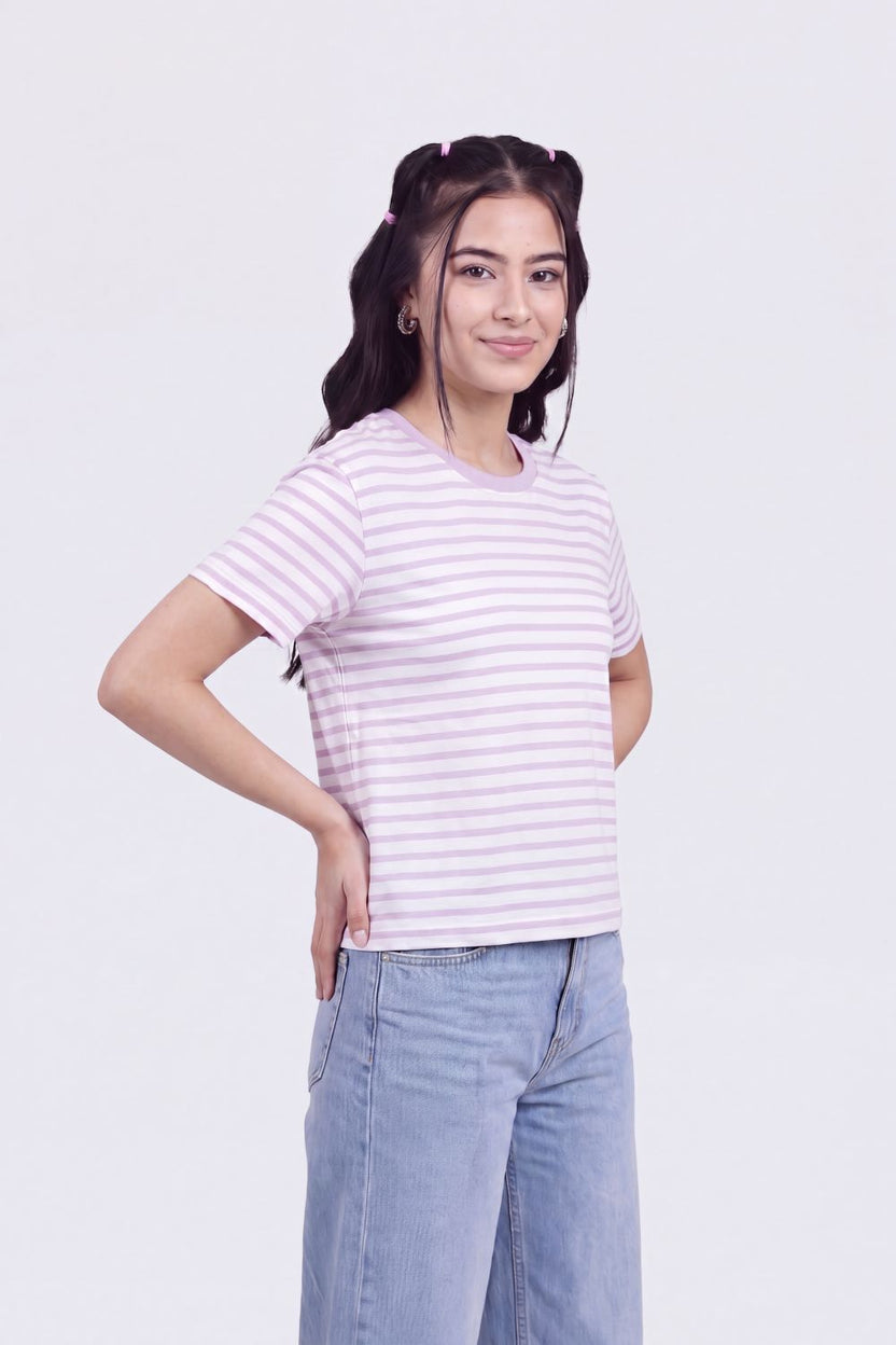 Lilac Striped Regular Fit T-Shirt for Women - Image 4