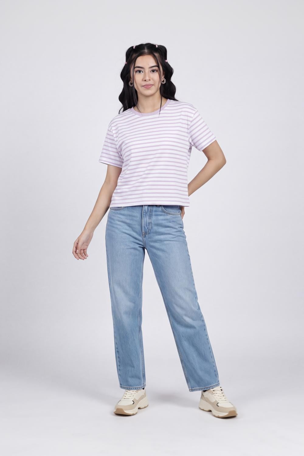 Lilac Striped Regular Fit T-Shirt for Women - Image 6