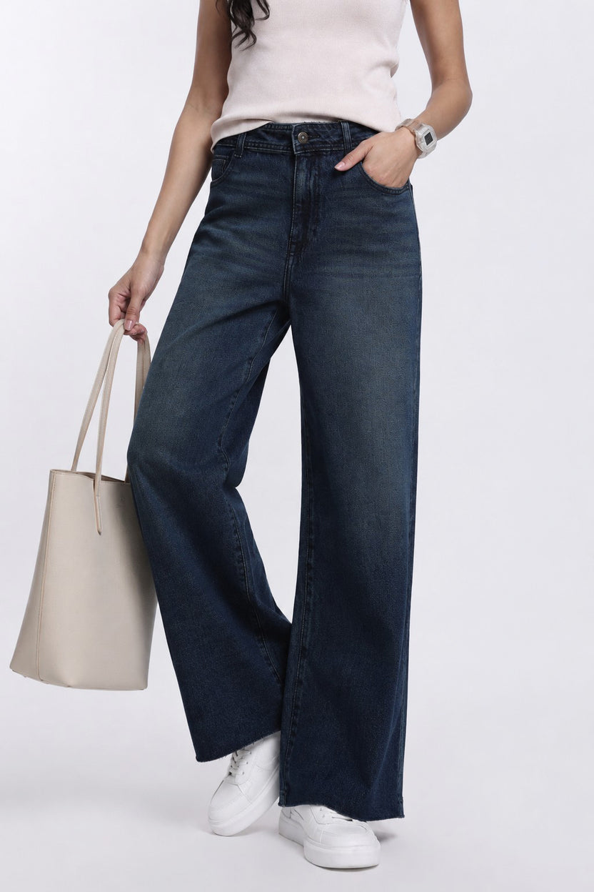 Navy Wide Leg Fit Jeans For Women - Image 1