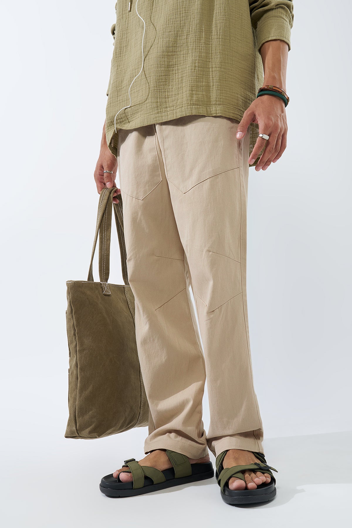 Cream Solid Regular Fit Trouser for Men - Image 1