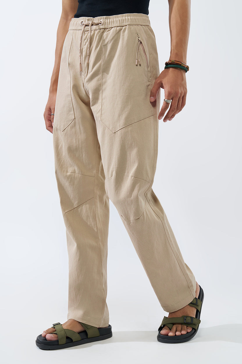 Cream Solid Regular Fit Trouser For Men - Image 4