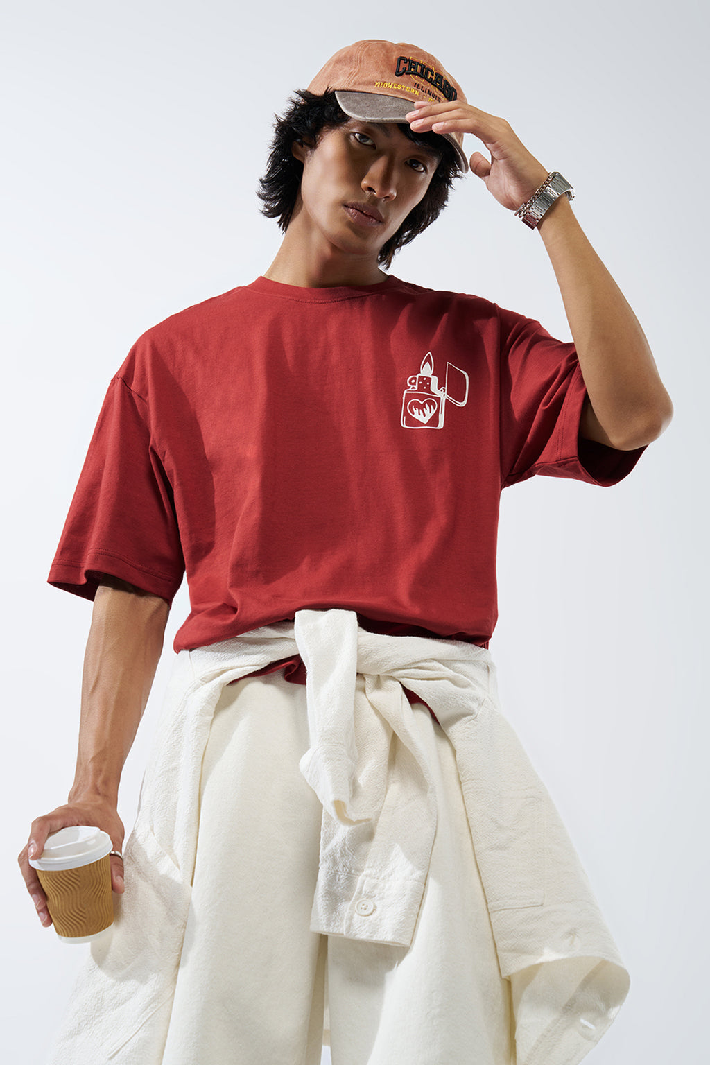 Red Graphic Printed Oversized Fit T-Shirt for Men - Image 1