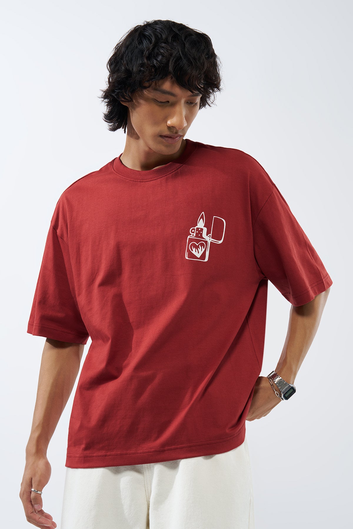 Red Graphic Printed Oversized Fit T-Shirt for Men - Image 2