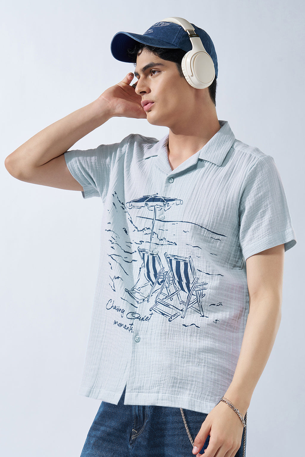 Light Blue Beach Graphic Shirt for Men - Image 1