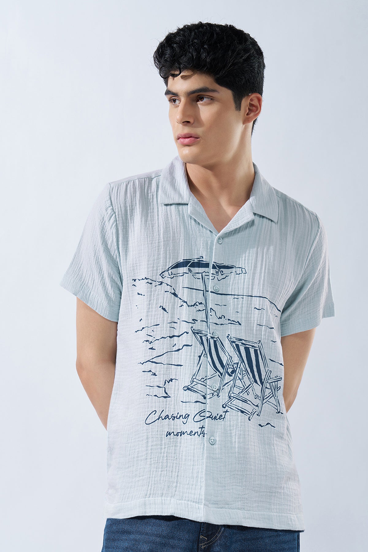 Light Blue Beach Graphic Shirt for Men - Image 2
