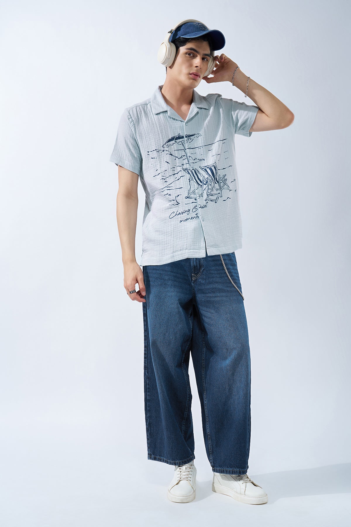 Light Blue Beach Graphic Shirt for Men - Image 6