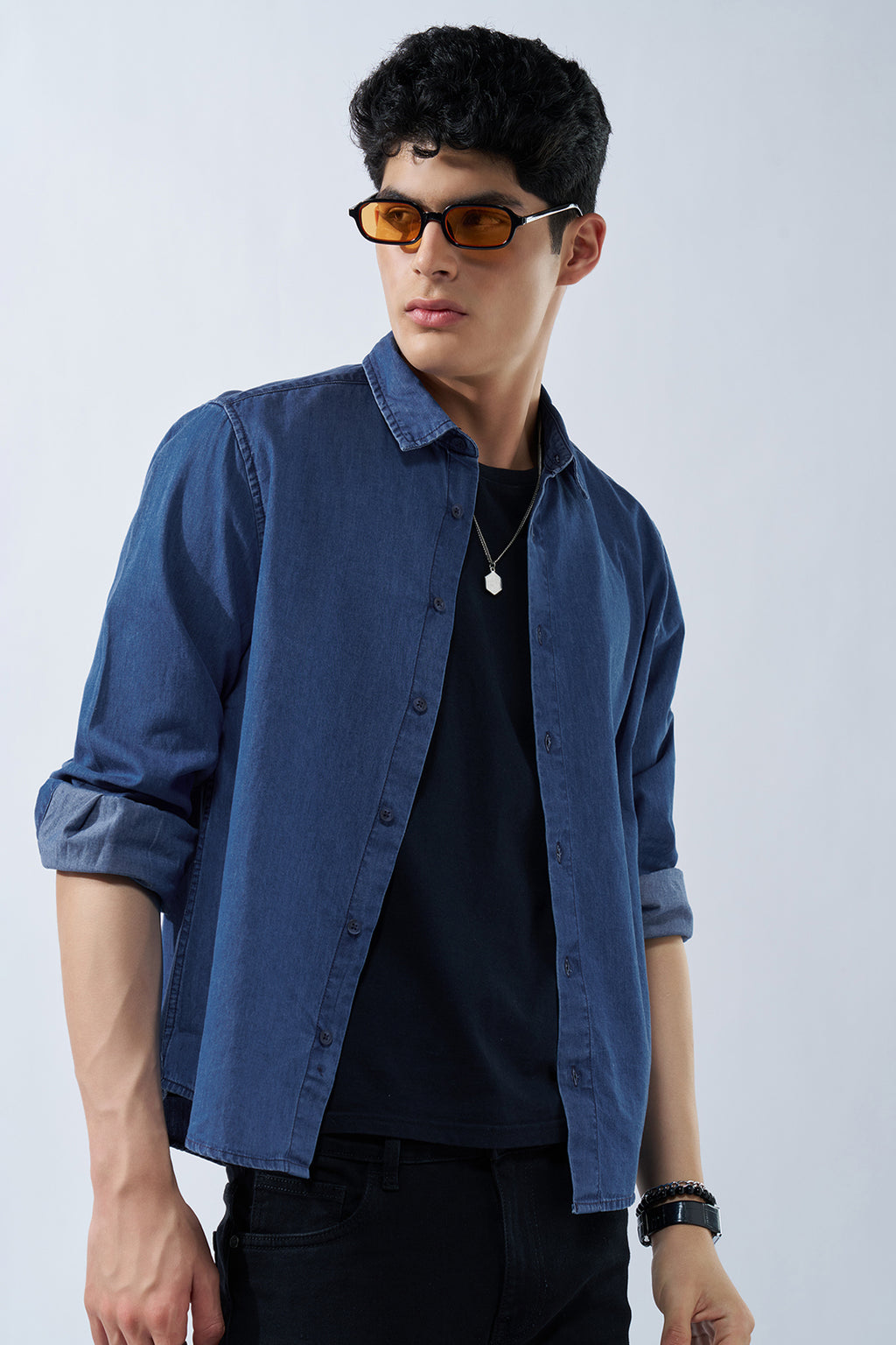 Blue Solid Denim Shirt for Men - Image 1
