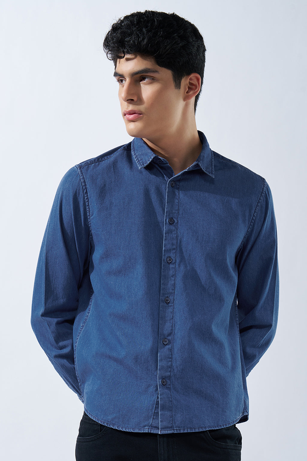 Blue Solid Denim Shirt for Men - Image 2