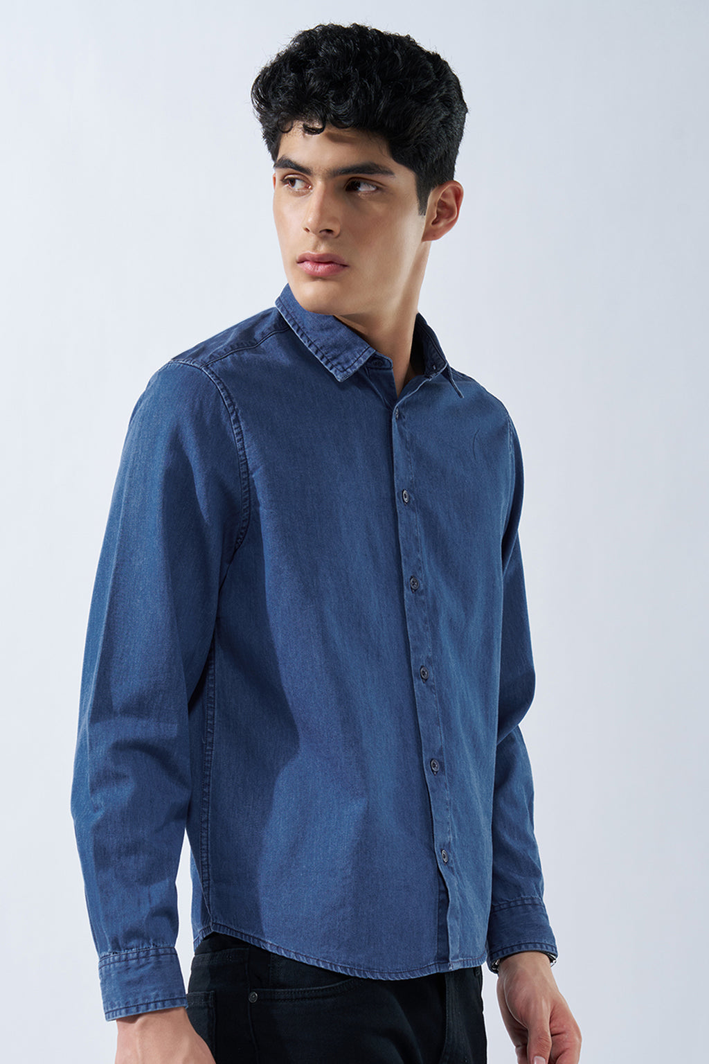 Blue Solid Denim Shirt for Men - Image 4
