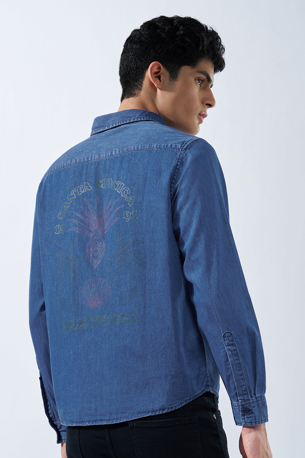 Blue Solid Denim Shirt for Men - Image 5