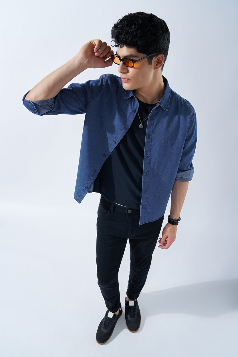 Blue Solid Denim Shirt for Men - Image 6