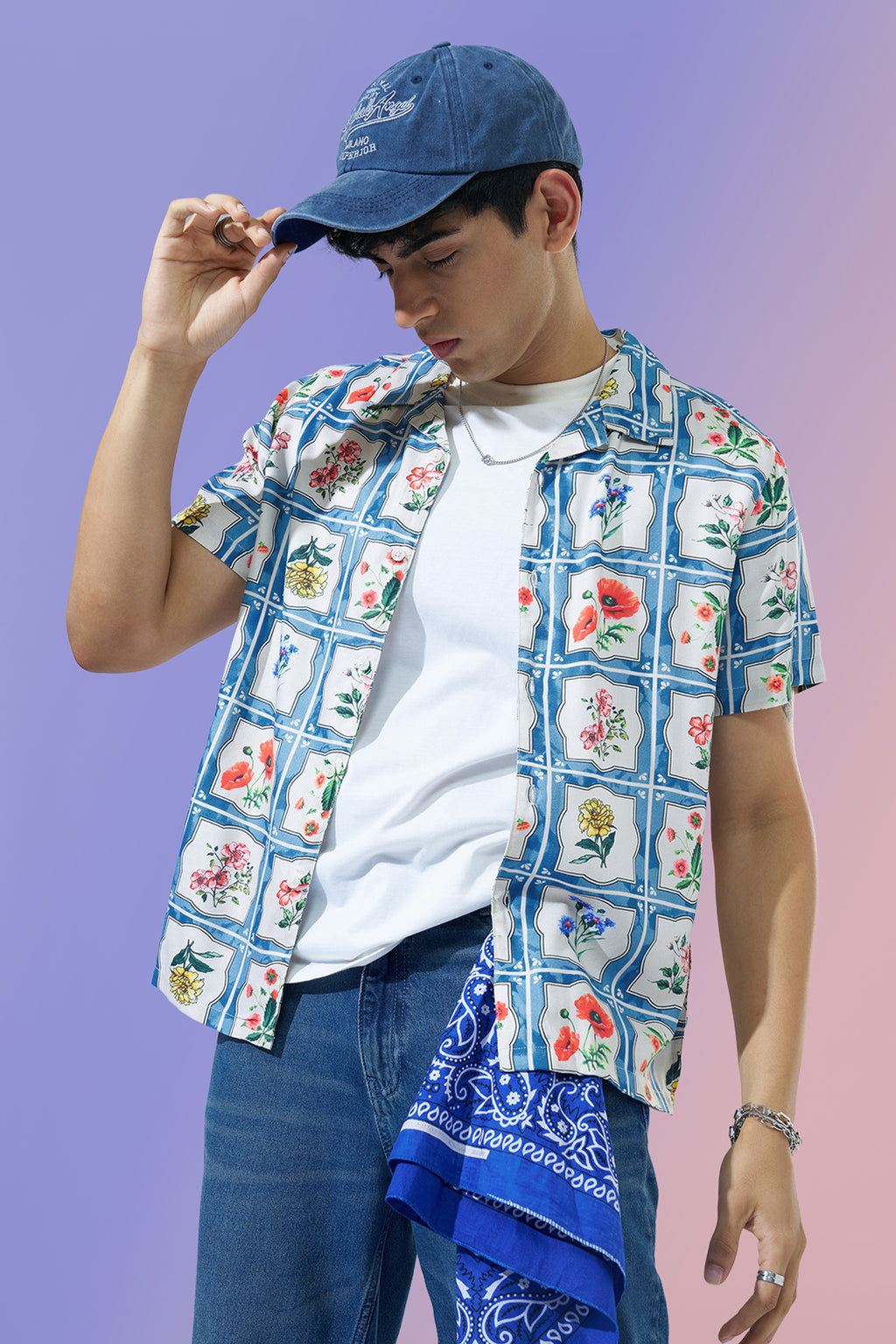 Blue Floral Printed Regular Fit Casual Shirt for Men - Image 1
