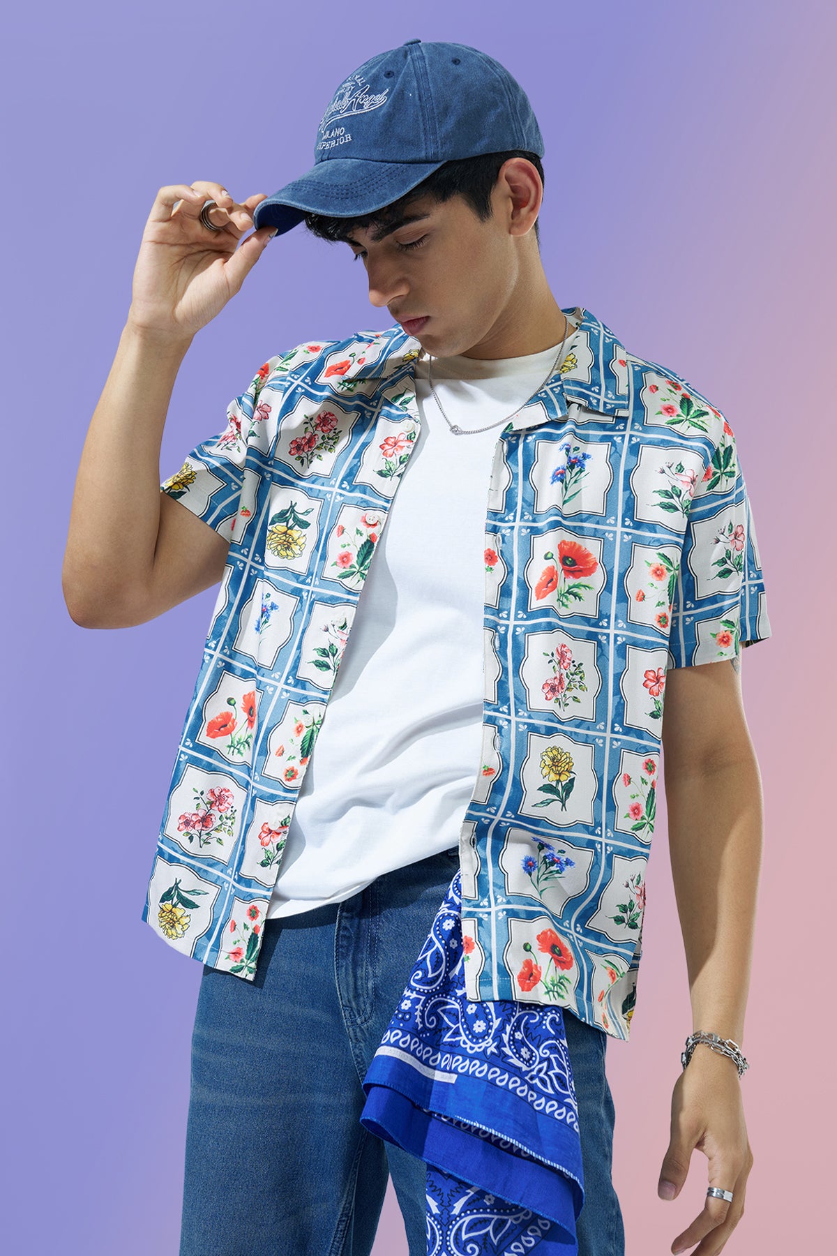 Blue Floral Printed Regular Fit Casual Shirt for Men - Image 1