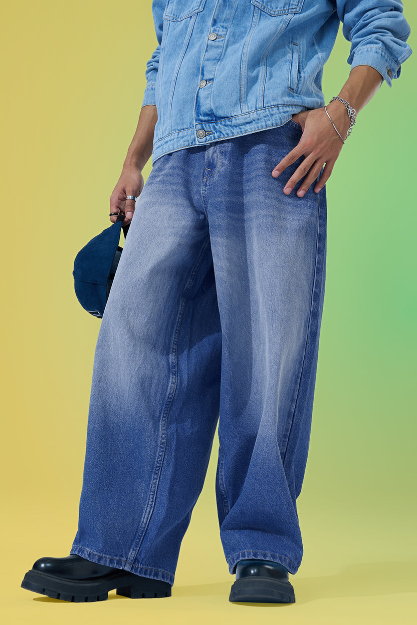 Medium Blue Washed Baggy Fit Jeans For Men - Image 1
