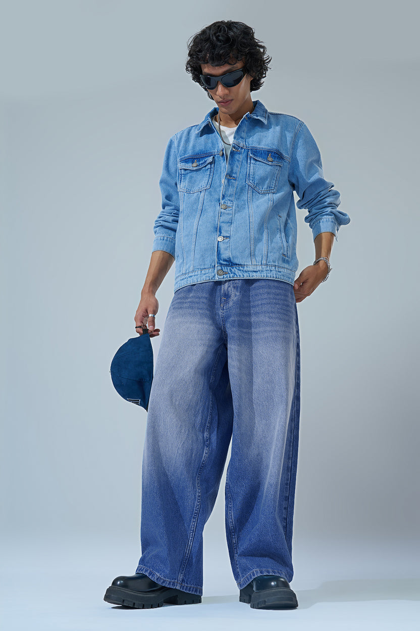 Medium Blue Washed Baggy Fit Jeans For Men - Image 6