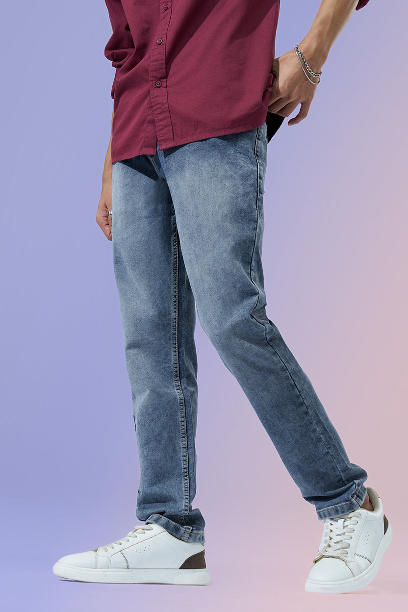 Cloud Blue Washed Slim Fit Jeans For Men - Image 1