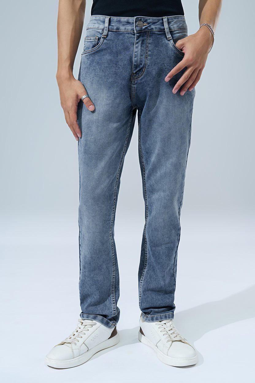 Cloud Blue Washed Slim Fit Jeans For Men - Image 3