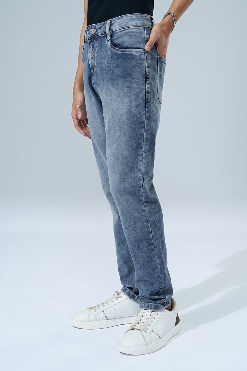 Cloud Blue Washed Slim Fit Jeans For Men - Image 4