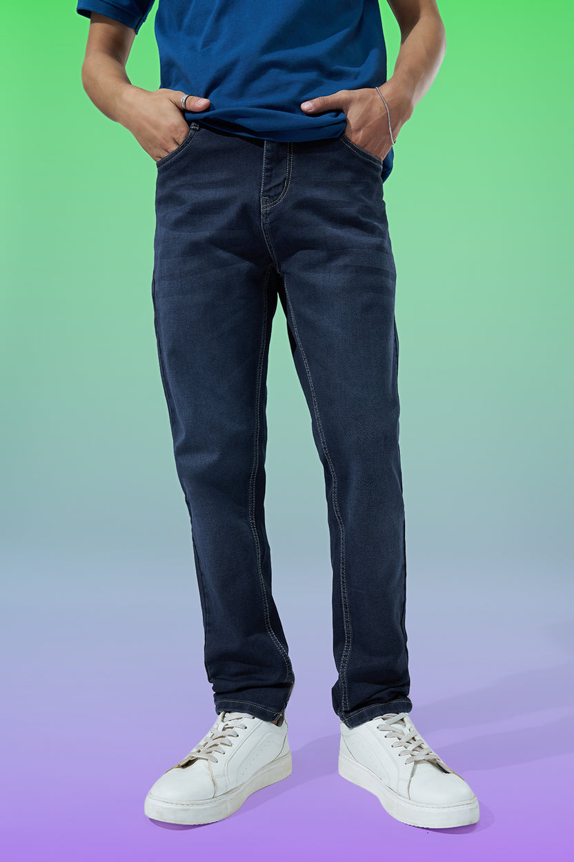 Dark Blue Washed Slim Fit Jeans For Men - Image 1