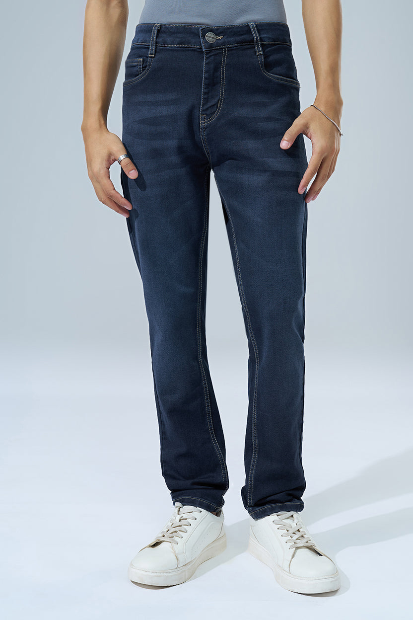 Dark Blue Washed Slim Fit Jeans For Men - Image 3