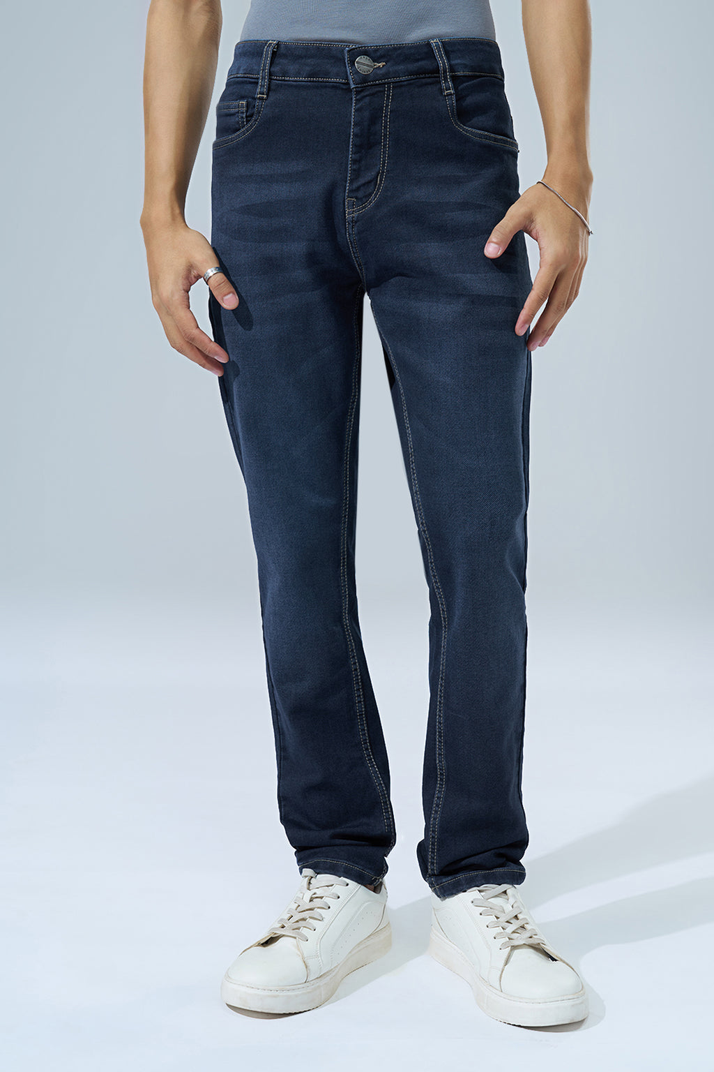 Dark Blue Washed Slim Fit Jeans for Men - Image 3