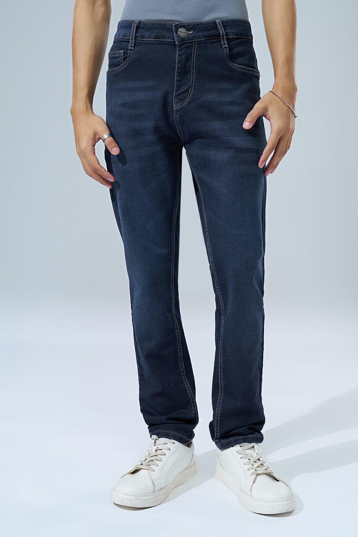 Dark Blue Washed Slim Fit Jeans for Men - Image 3