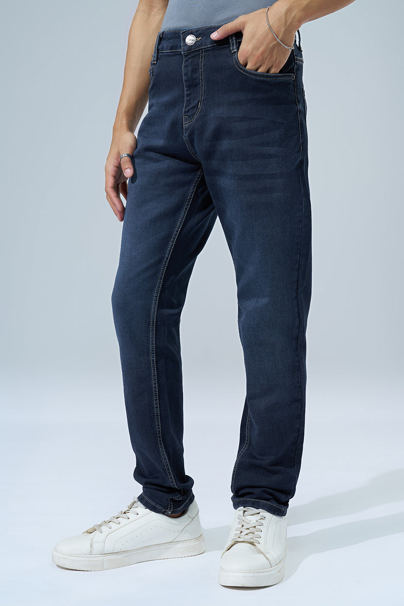 Dark Blue Washed Slim Fit Jeans For Men - Image 4