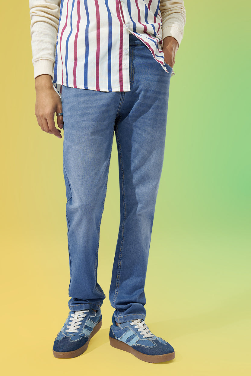 Medium Blue Washed Slim Fit Jeans For Men - Image 1
