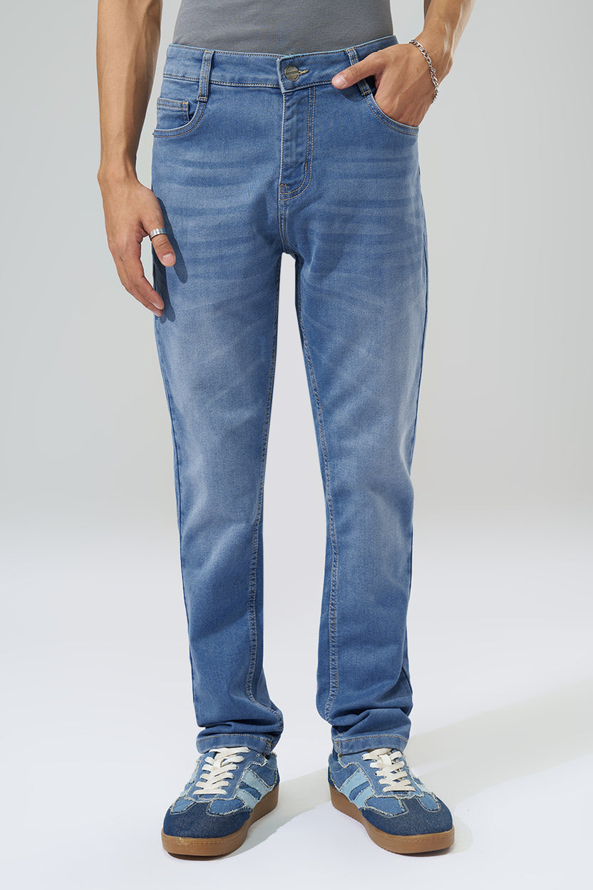 Medium Blue Washed Slim Fit Jeans For Men - Image 3