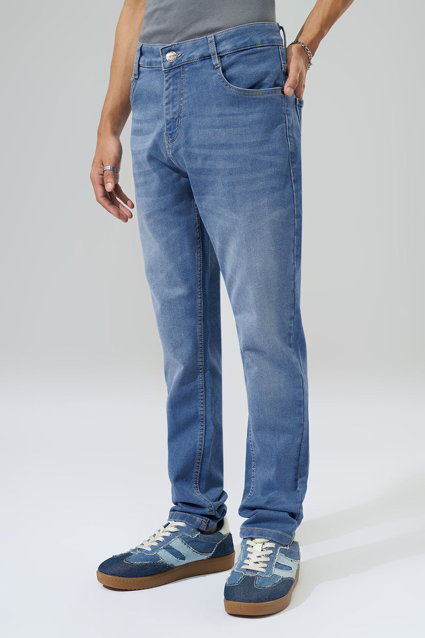 Medium Blue Washed Slim Fit Jeans For Men - Image 4