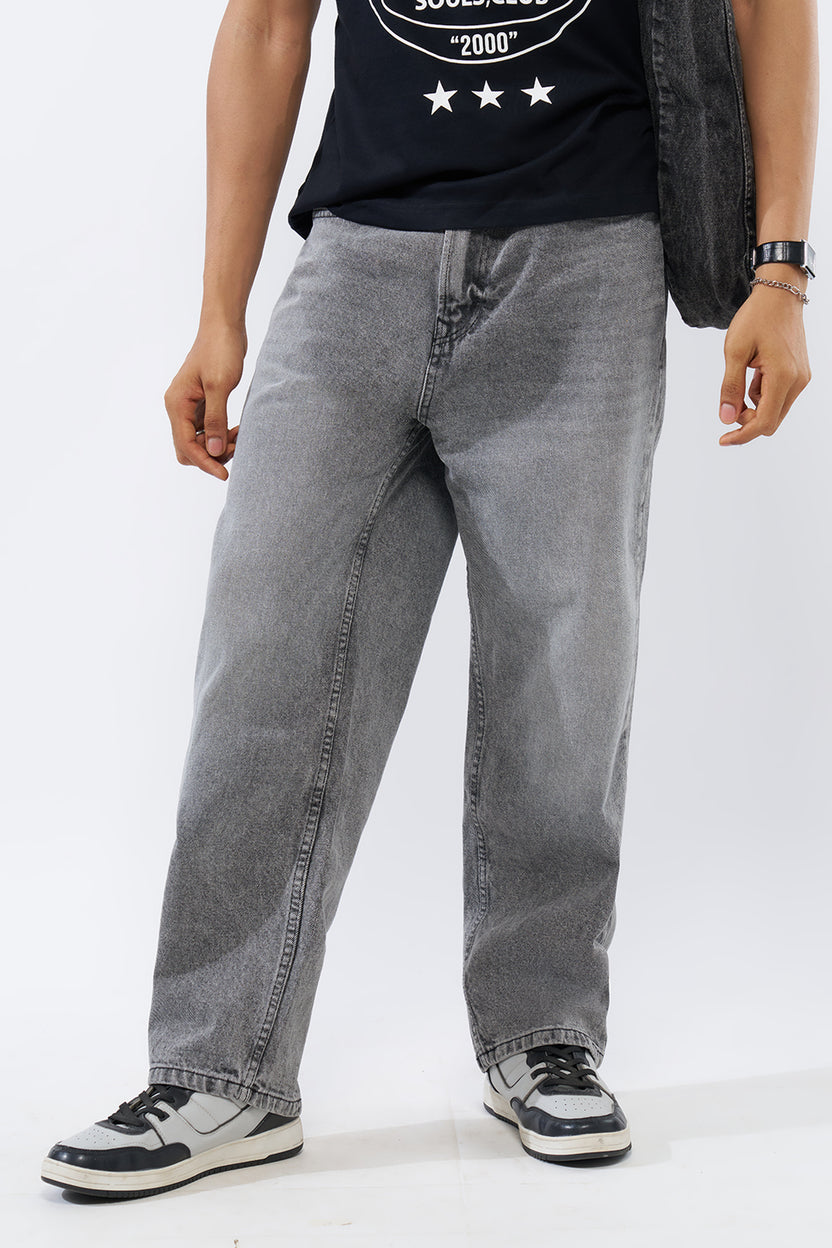 Grey Solid Baggy Fit Jeans For Men - Image 1
