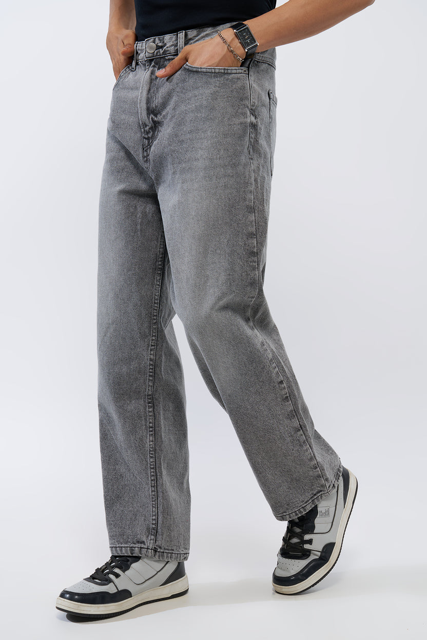 Grey Solid Baggy Fit Jeans For Men - Image 4