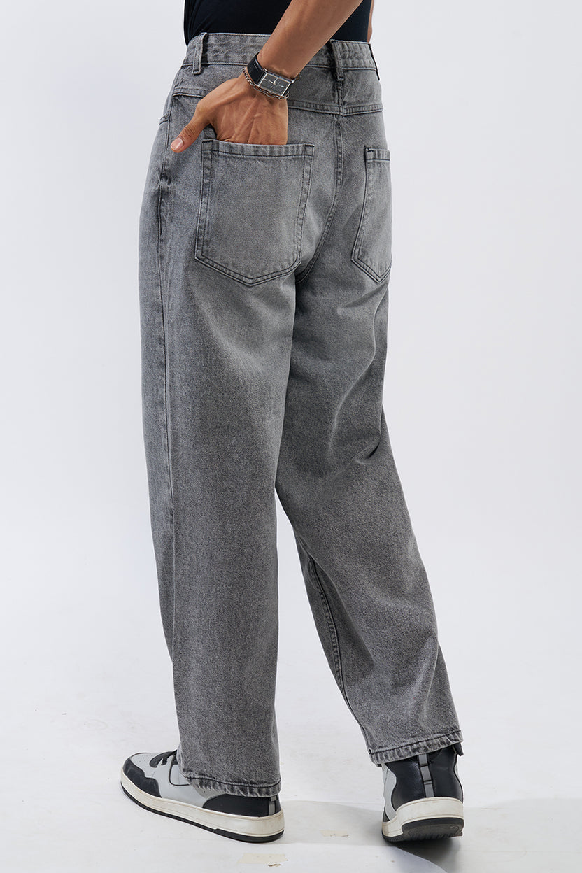 Grey Solid Baggy Fit Jeans For Men - Image 5
