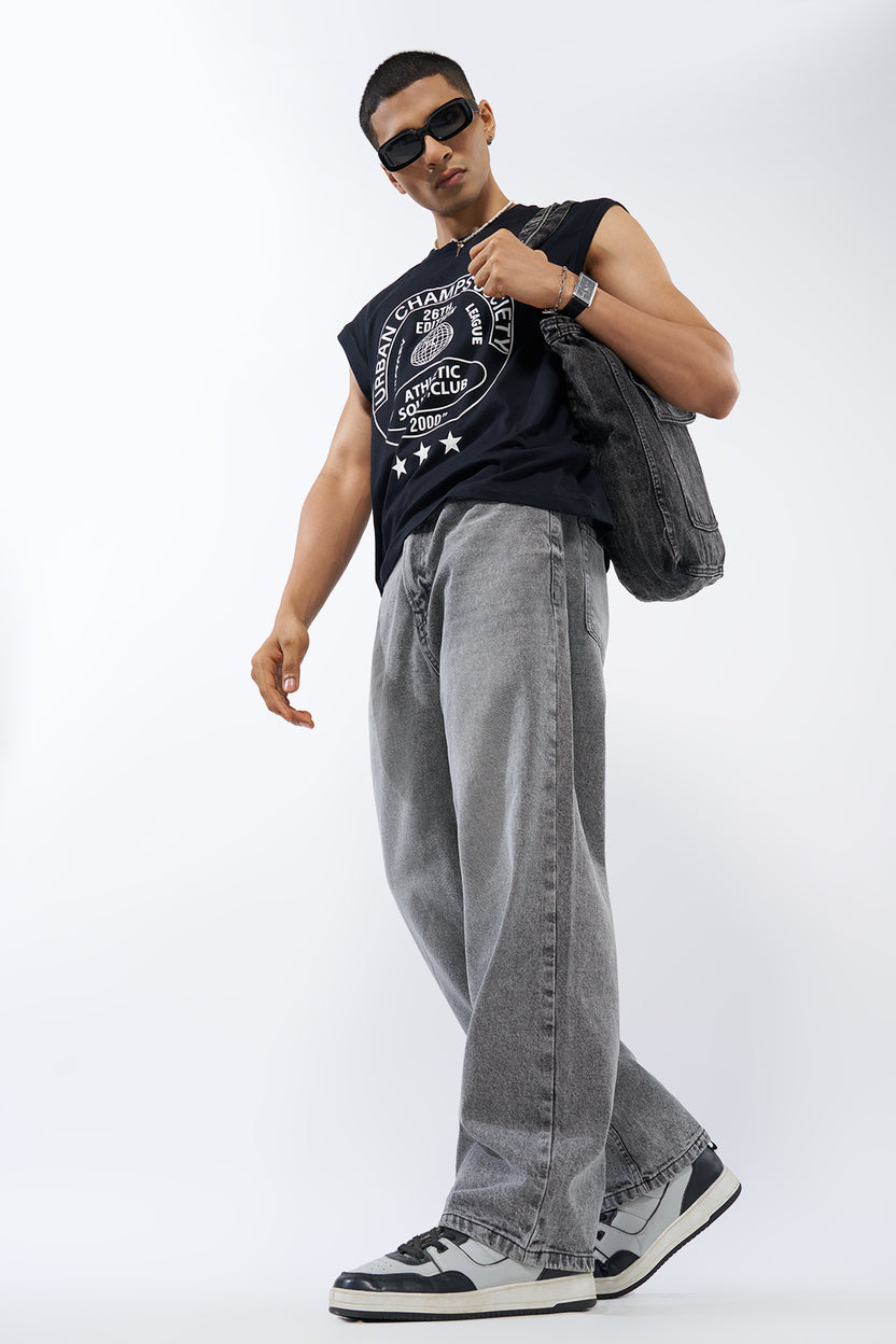 Grey Solid Baggy Fit Jeans For Men - Image 6