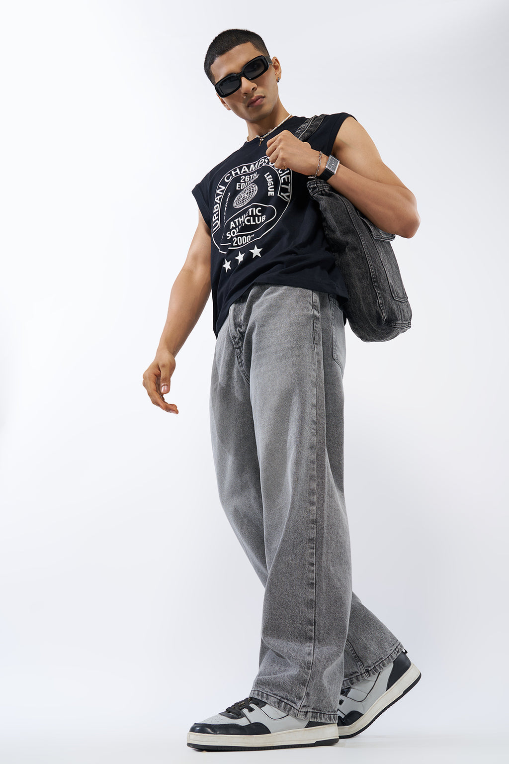 Grey Solid Baggy Fit Jeans for Men - Image 6