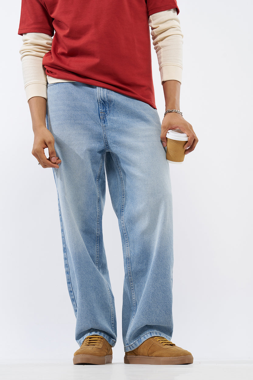 Light Blue Solid Baggy Fit Jeans For Men - Image 1