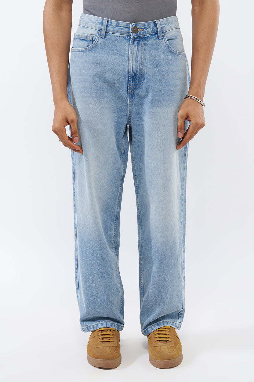 Light Blue Solid Baggy Fit Jeans For Men - Image 2