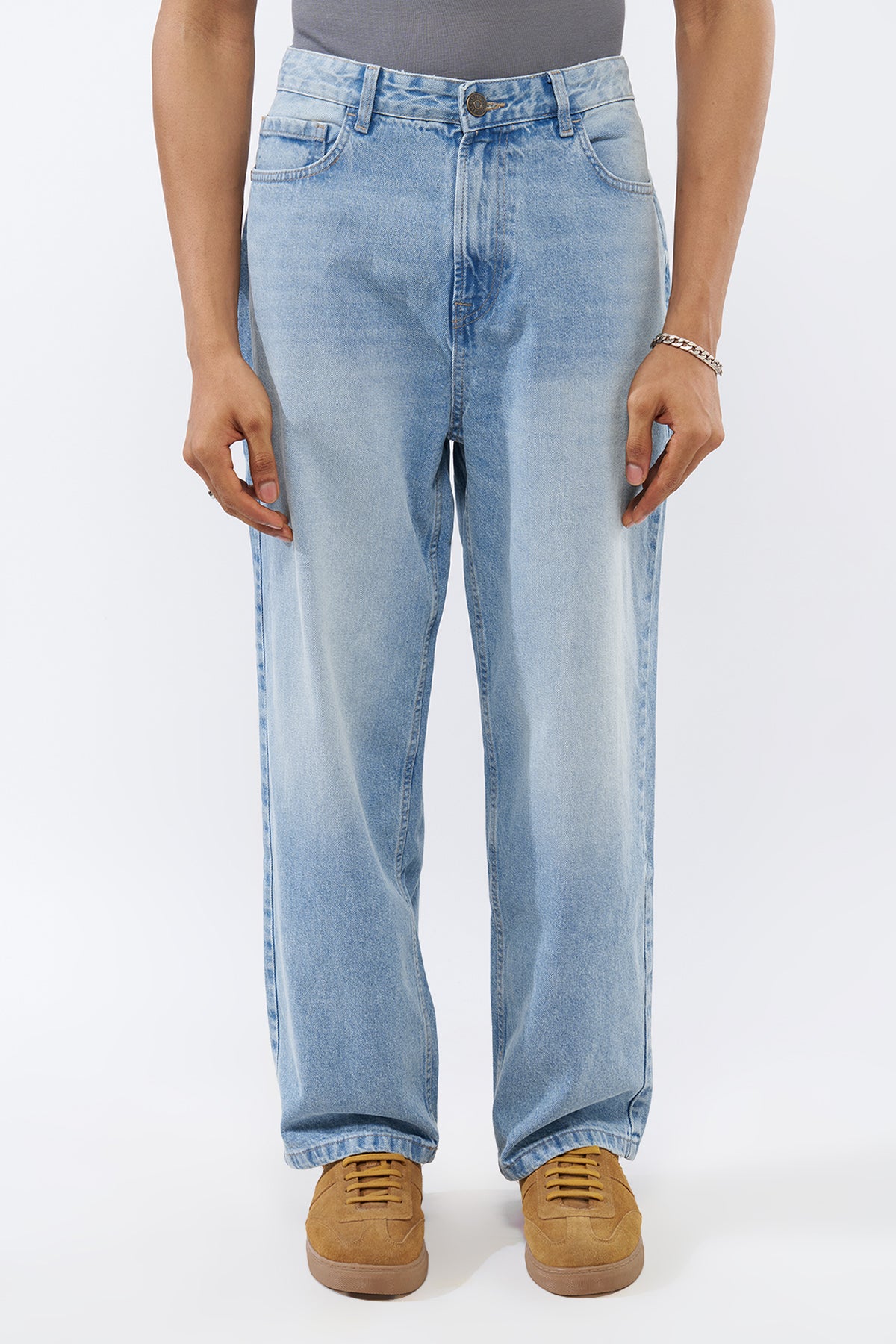 Light Blue Solid Baggy Fit Jeans for Men - Image 2