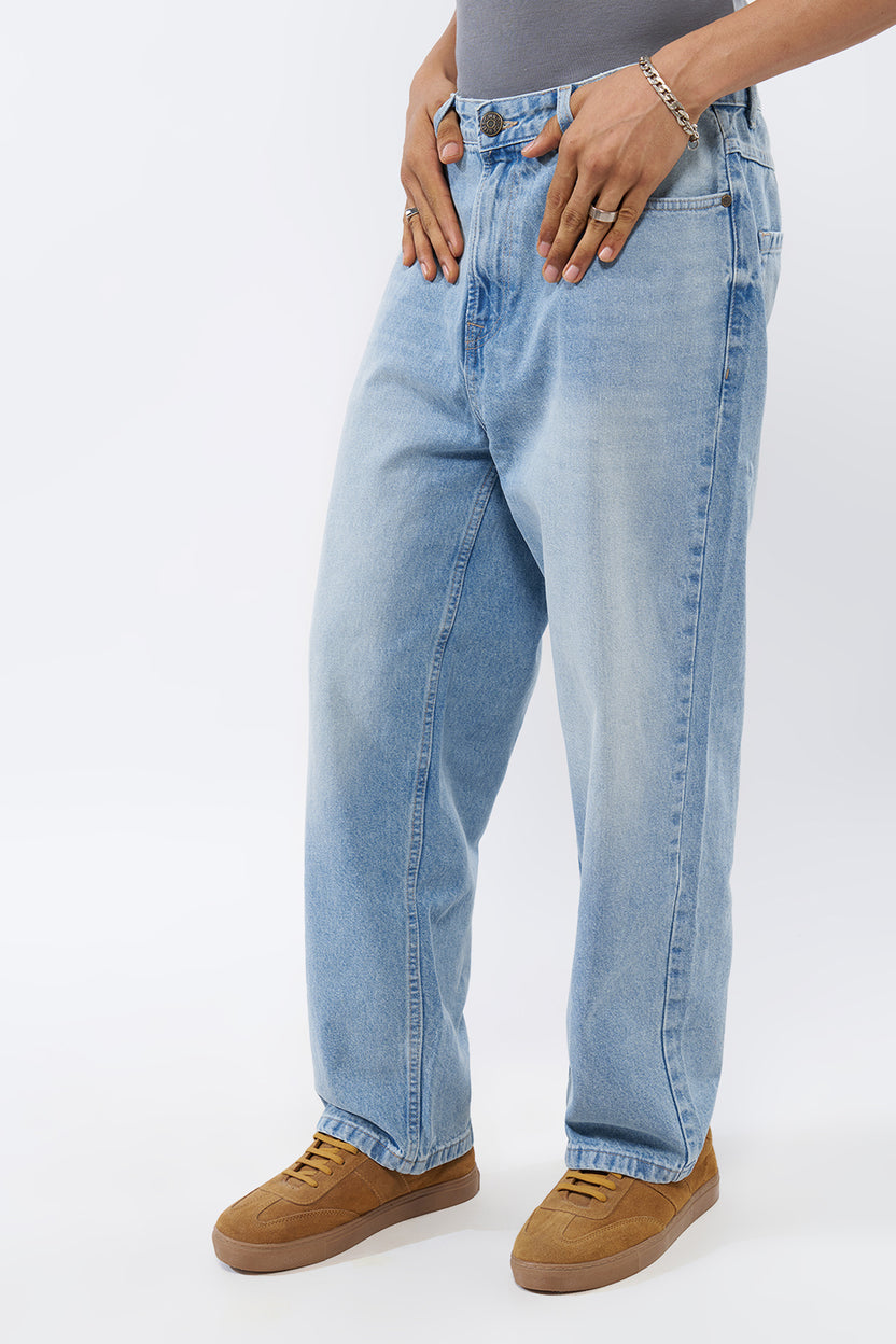 Light Blue Solid Baggy Fit Jeans For Men - Image 4