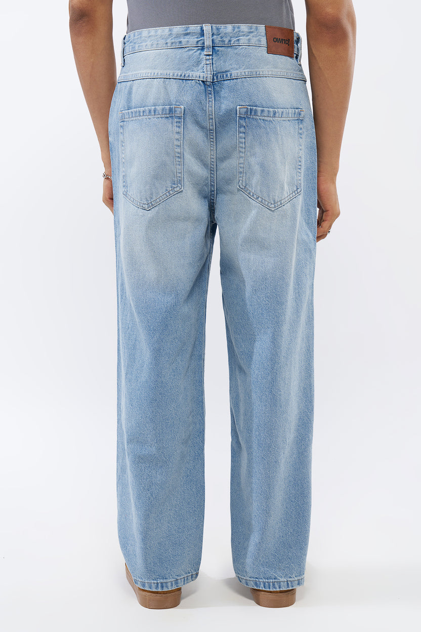 Light Blue Solid Baggy Fit Jeans For Men - Image 5