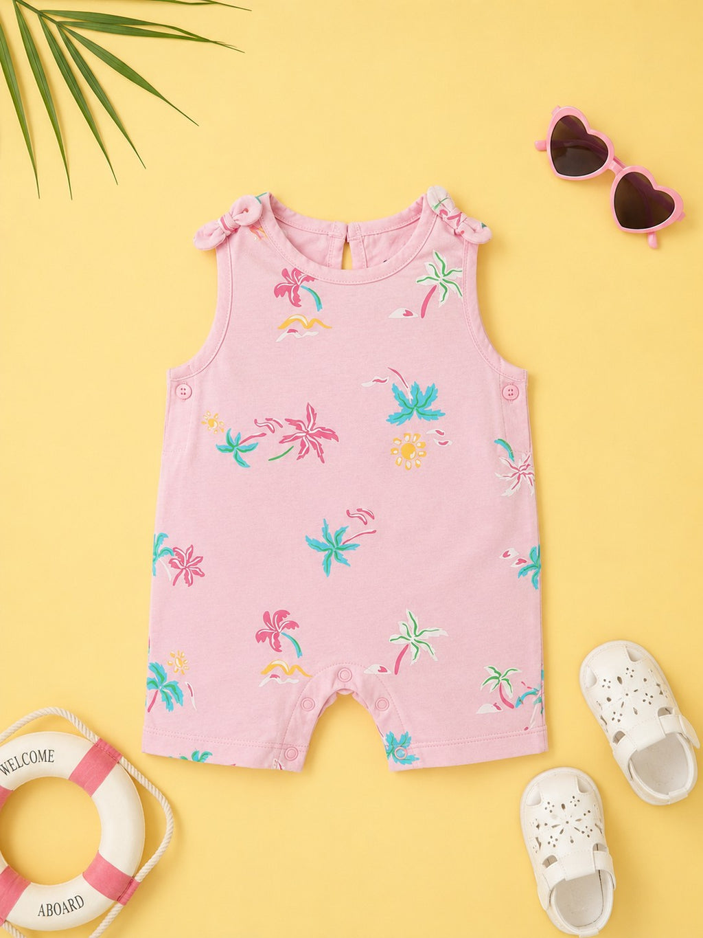Pink Tree Printed Regular Fit Dungarees for Infant Girls - Image 1