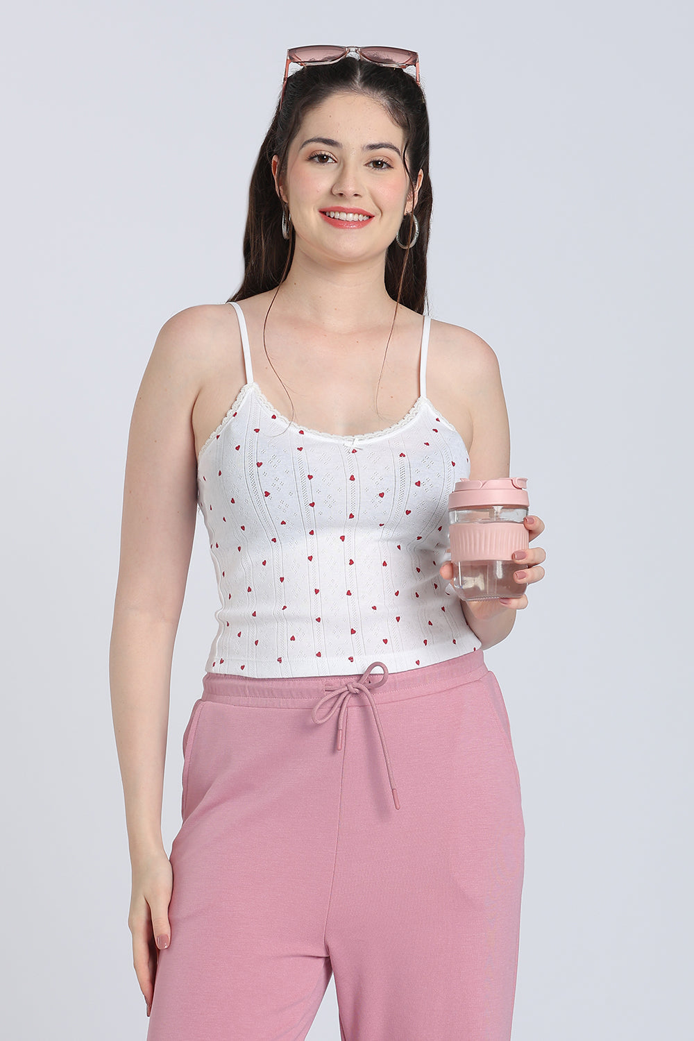 White Heart Printed Regular Fit Camisole for Women - Image 1