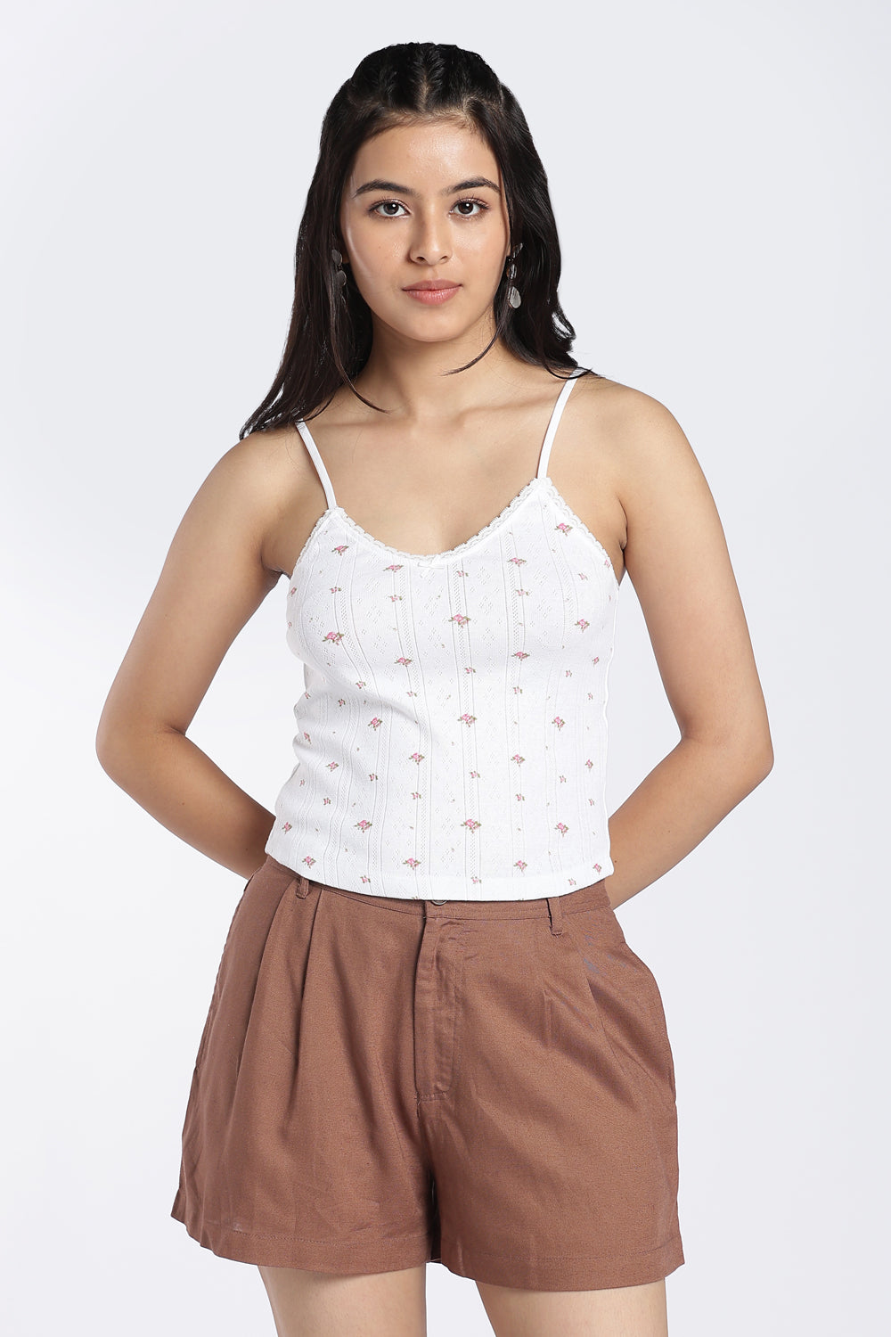 White Floral Ribbed Camisole for Women - Image 1