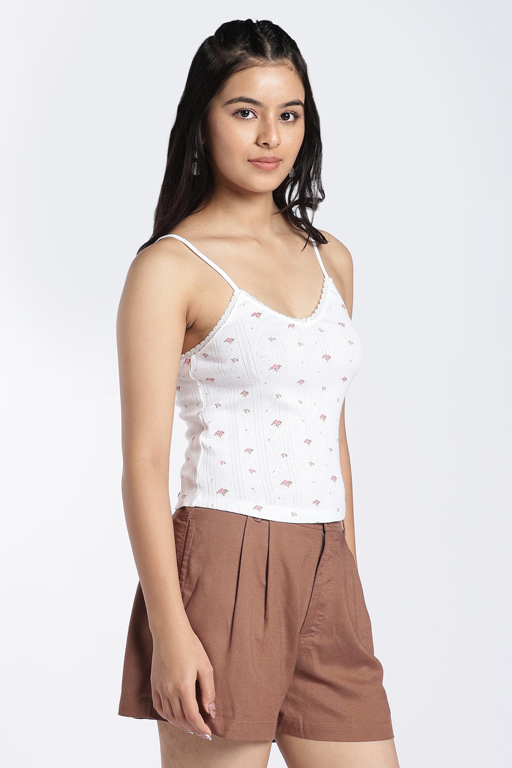 White Floral Ribbed Camisole for Women - Image 5