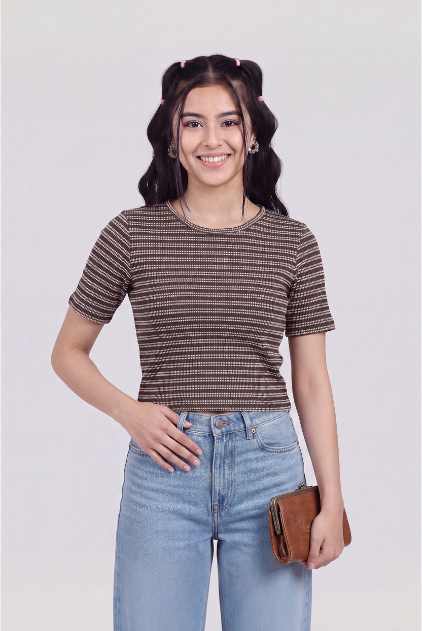 Brown Striped Regular Fit Crop Top for Women - Image 1
