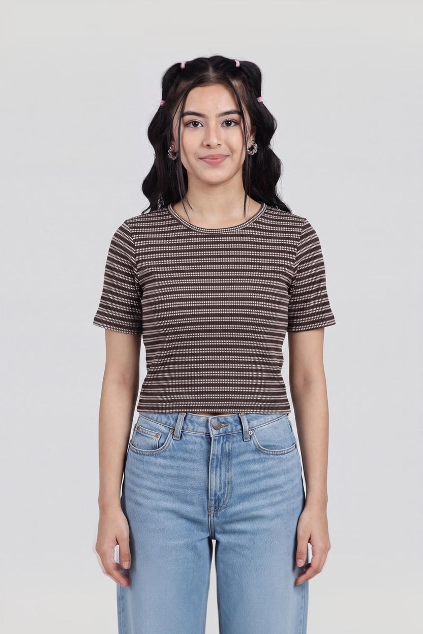 Brown Striped Regular Fit Crop Top for Women - Image 2