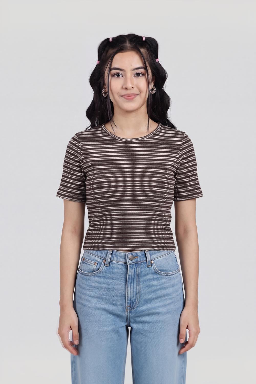 Brown Striped Regular Fit Crop Top for Women - Image 2