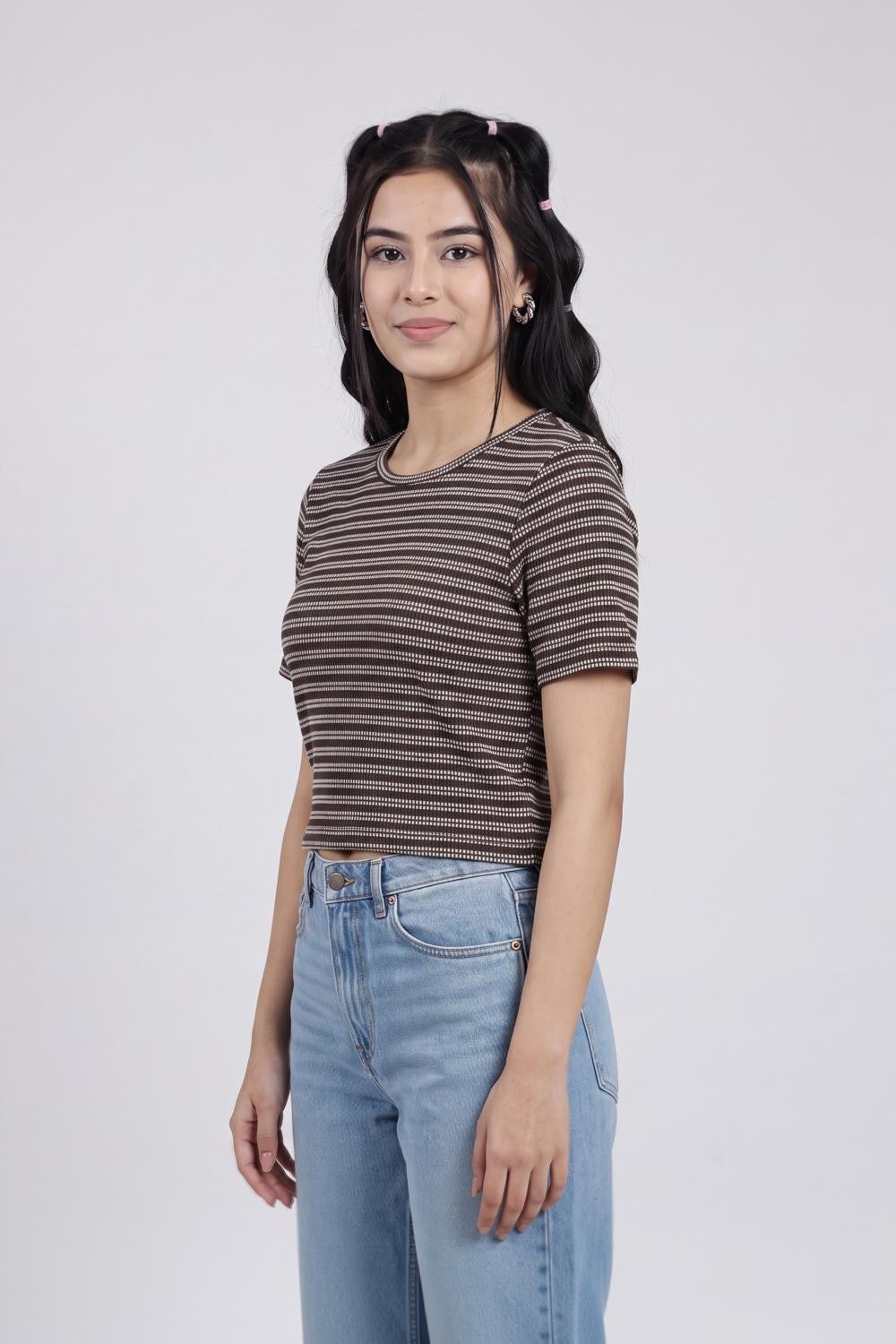 Brown Striped Regular Fit Crop Top for Women - Image 4