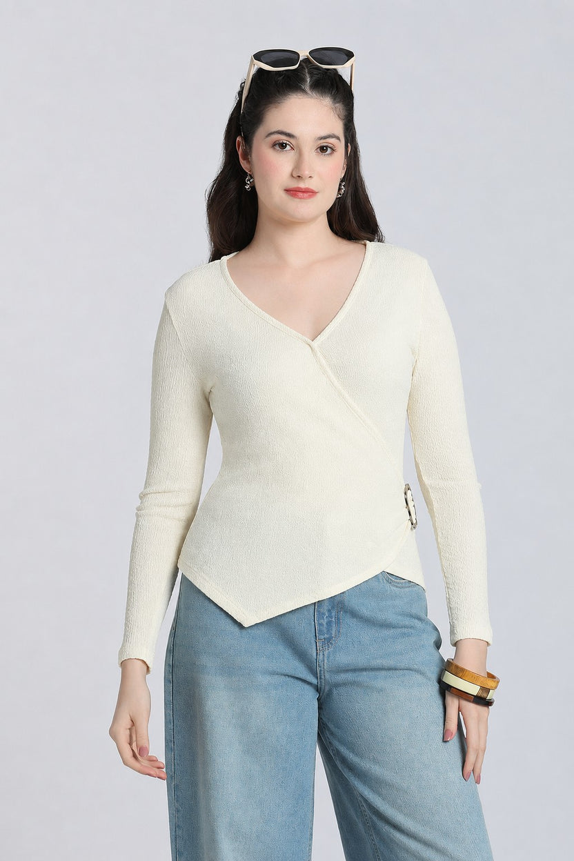 Off White Regular Fit Wrap Top for Women - Image 1
